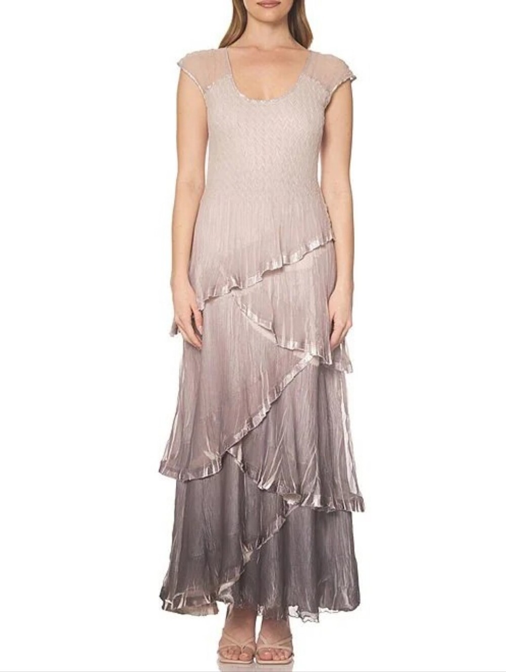 Komarov Blush Ombre Tiered Maxi Dress Elegant Cap Sleeve Evening Gown XS, As Is!